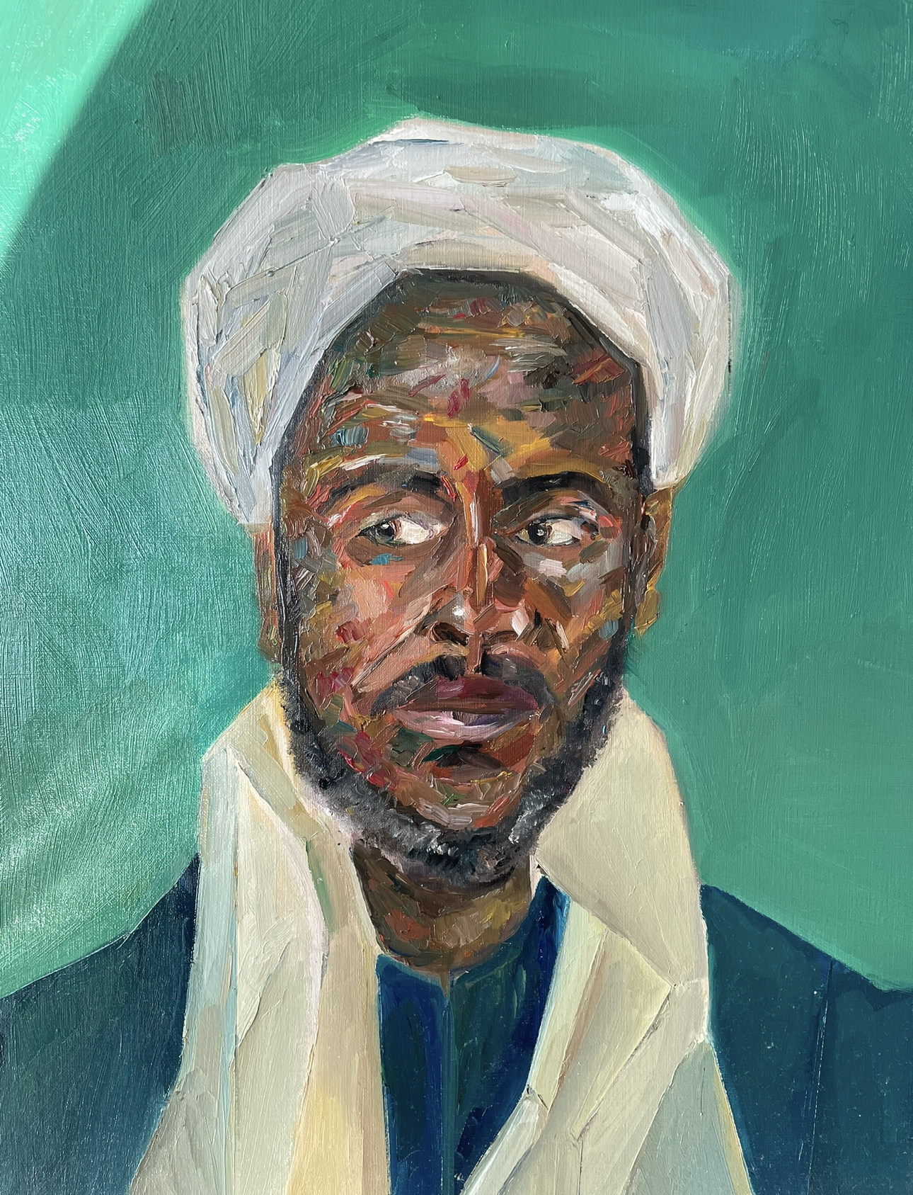 A colorful, abstract portrait of a man wearing a white headwrap and traditional attire, set against a green background.