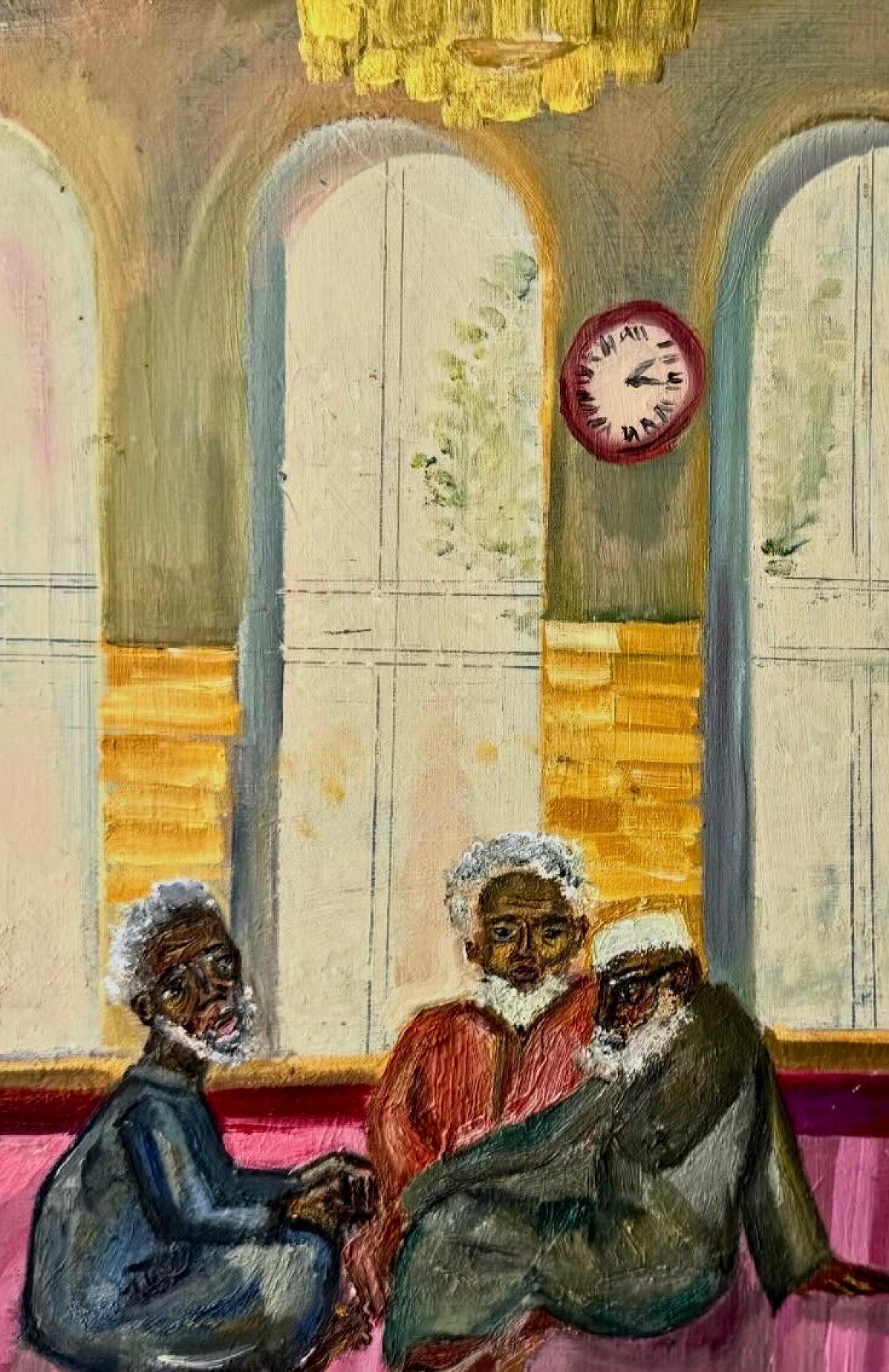 Painting depicting three men with white beards seated around a table, engaged in discussion, with a background of arched windows and a clock on the wall.