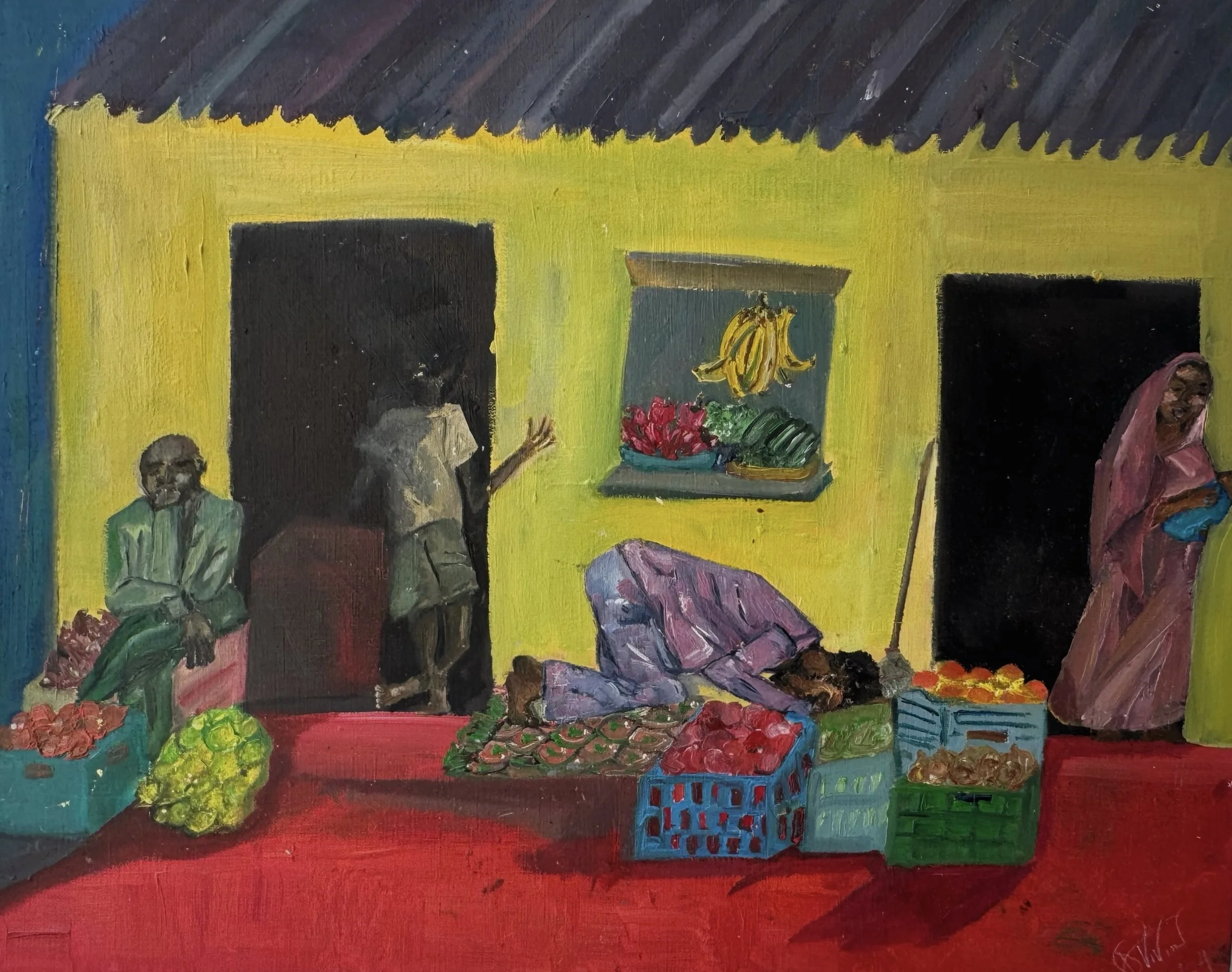 A colorful painting depicting a vibrant street market scene in a warm yellow building with a tiled roof. The scene includes various figures, fruits, vegetables, and decorative elements, with vivid colors and abstract shapes.