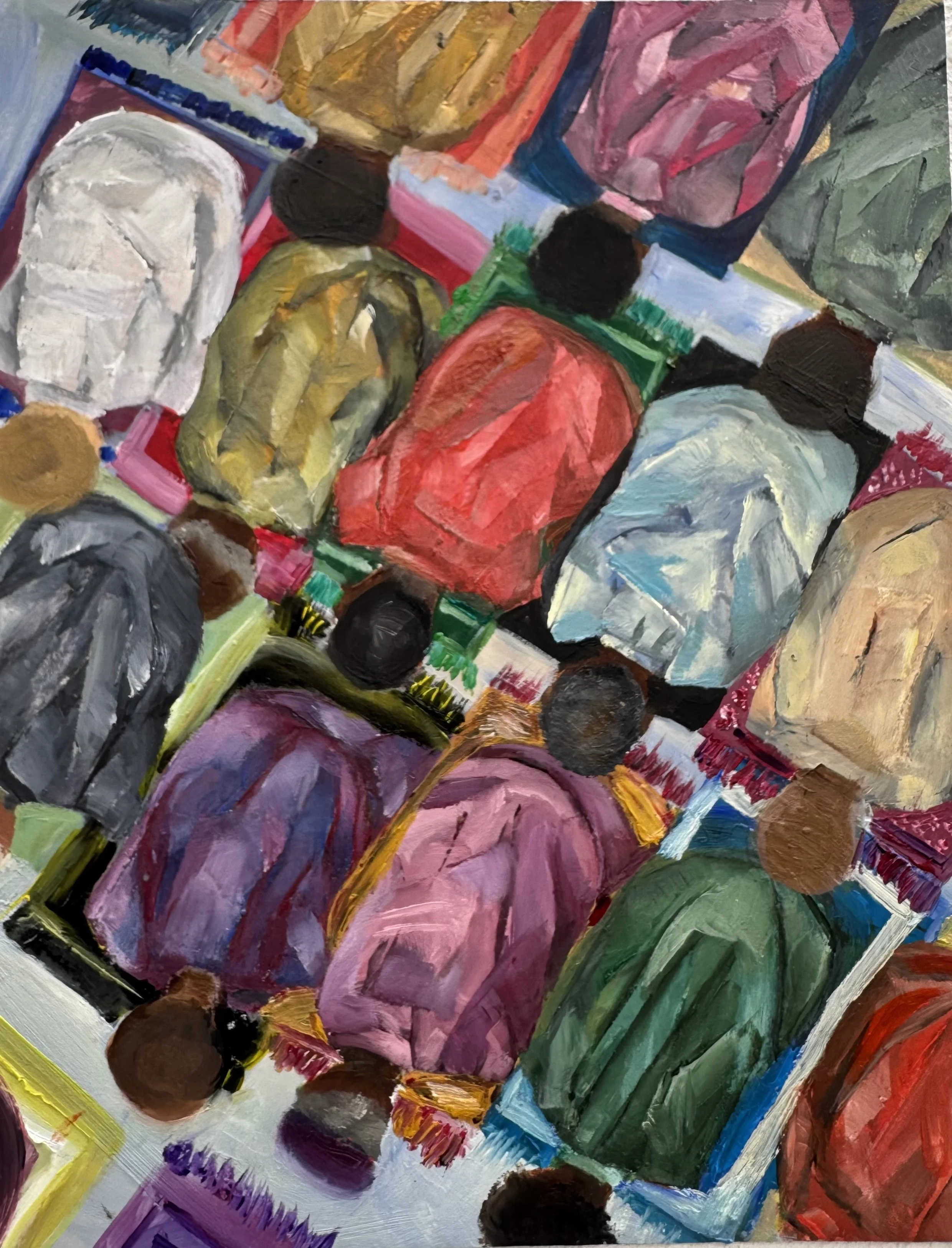 An abstract painting depicting a group of people gathered around a table, viewed from above, with vibrant colors and bold brushstrokes.