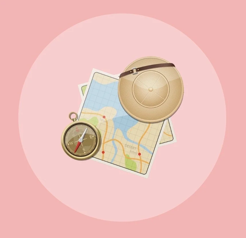 A digital illustration of a map, a compass, and a skydiving helmet on a pink background.