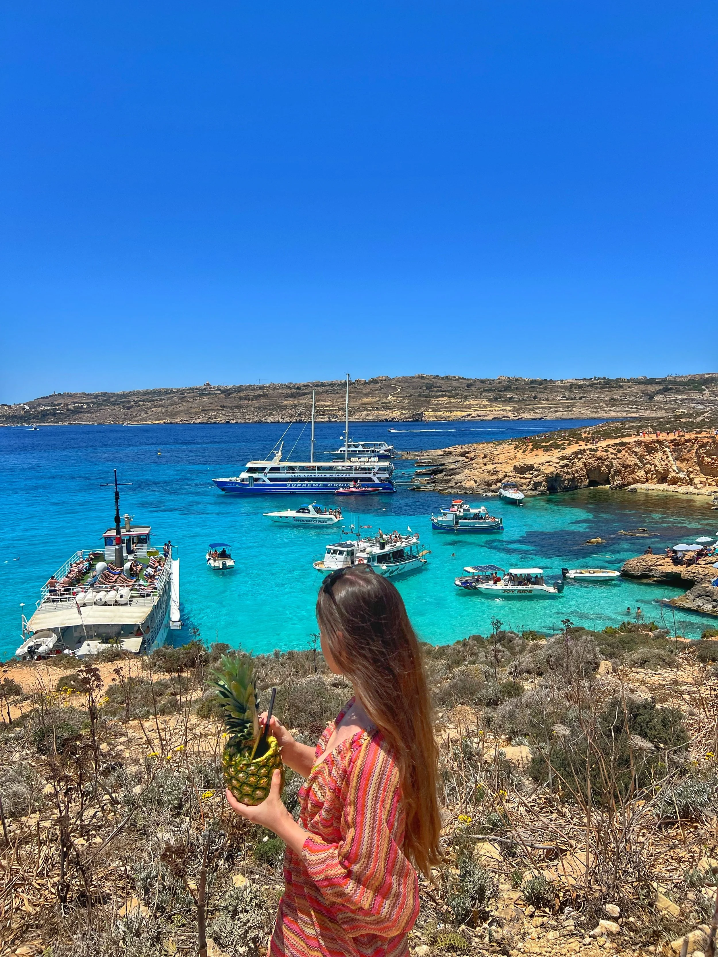A woman with long red hair holding a pineapple on a dry, rocky hillside near a body of water with boats and a large cruise ship. The sky is clear and blue.