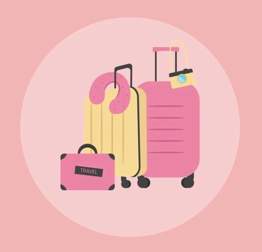 Illustration of pink and yellow suitcases, a pink neck pillow, a travel bag labeled 'TRAVEL', and a small camera, all set against a pink background.