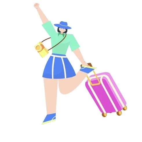 A cartoon woman in a blue hat, turquoise shirt, and blue skirt, holding a yellow camera, a phone, and pulling a pink suitcase, appearing excited and happy.