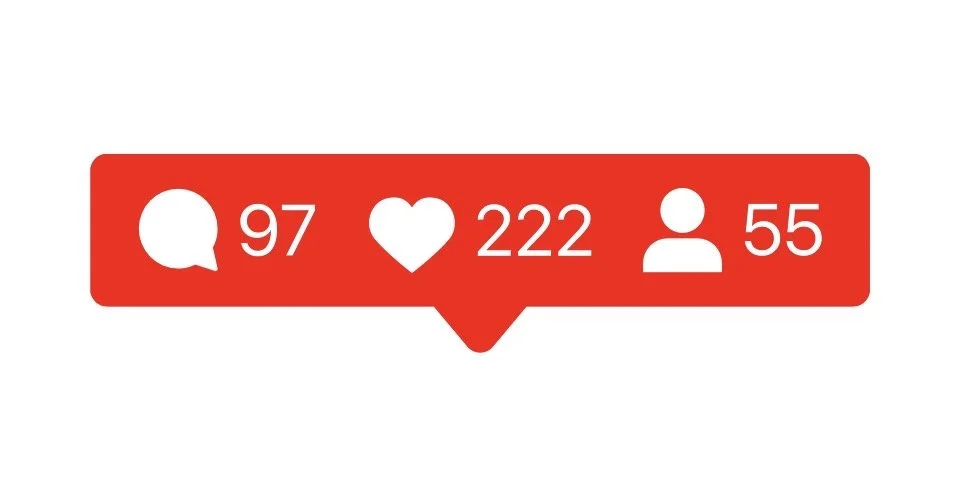 Social media notification showing 97 comments, 222 likes, and 55 new followers on a red background.