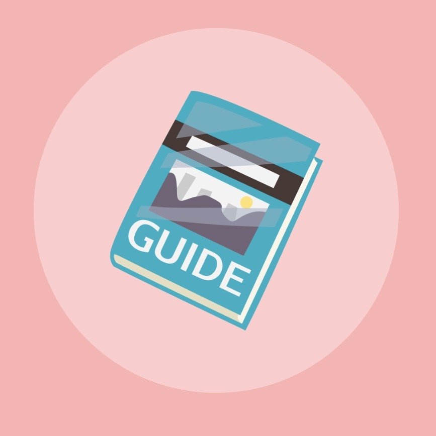 Illustration of a mountain landscape with the word "GUIDE" on it, designed to look like a travel guidebook, against a pink background.