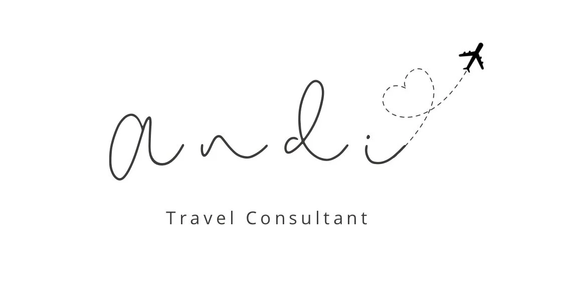 A travel logo with the word "and" written in cursive, a small airplane icon, a dashed line forming a heart, and the text "Travel Consultant" beneath.
