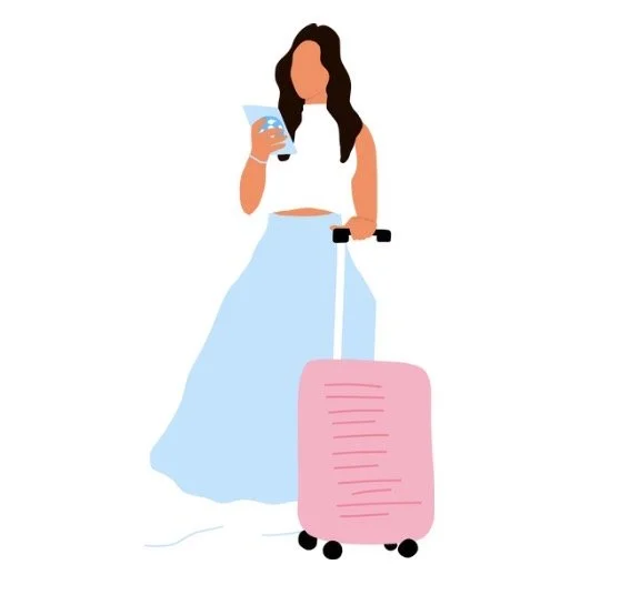 Illustration of a woman with long dark hair, wearing a white crop top and light blue skirt, holding a drink in one hand and a pink rolling suitcase in the other.