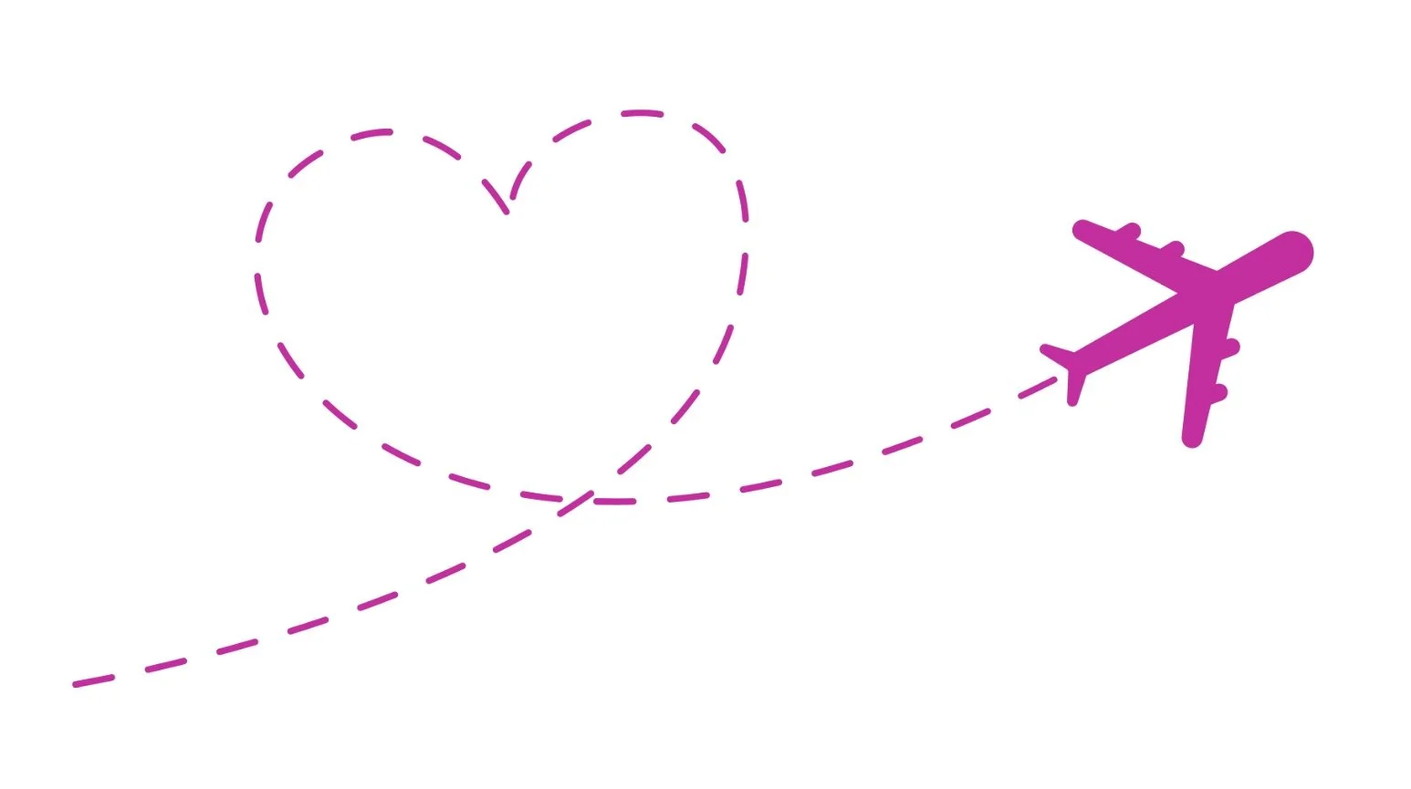 A pink dashed line forming a heart shape connected to an airplane silhouette, indicating love or travel.