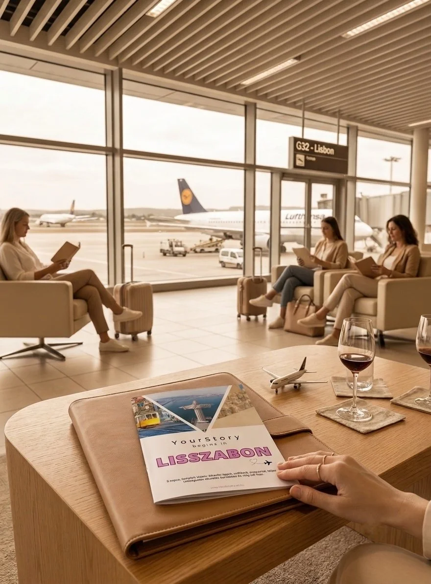 View of an airport terminal with passengers sitting and reading, seen through large windows showing planes on the tarmac, including one with Lufthansa livery, and an overhead sign for gate G32 to Lisbon. A table in the foreground has a brochure about Lisbon, two glasses of red wine, and a small airplane model.