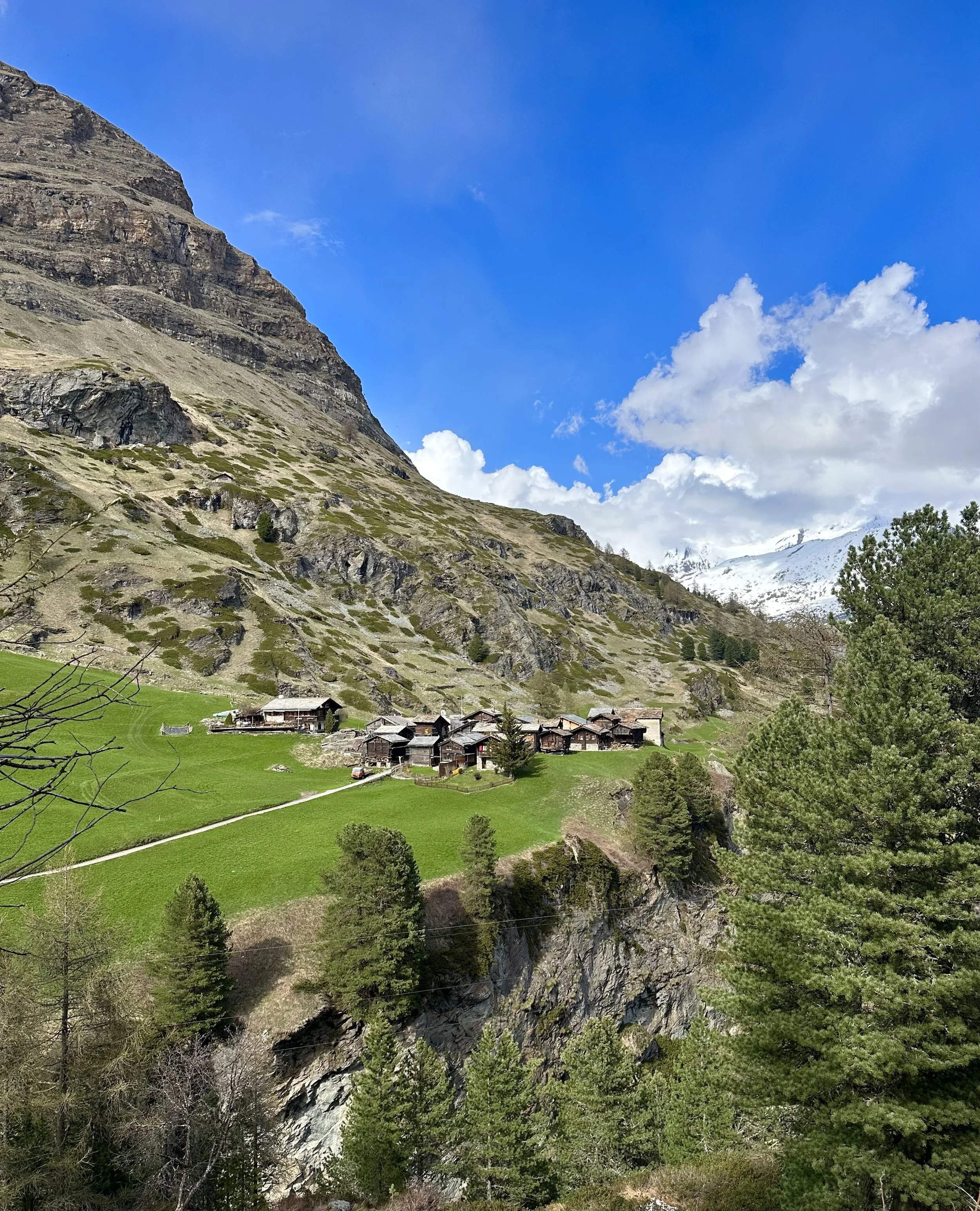A mountain landscape with rocky slopes, green grassy areas, scattered trees, a small village with houses at the base, and snow-capped peaks in the background under a partly cloudy blue sky. Zmutt, Zermatt, Culturweg.