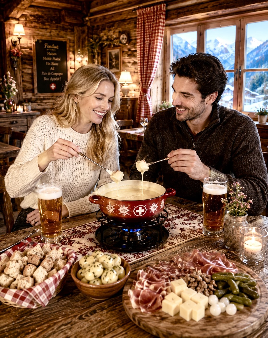 Two people enjoying a fondue dinner with a cheese fondue pot, bread cubes, cheese, meats, pickles, and drinks on a wooden table in a cozy mountain cabin with snow-capped mountains outside. Zermatt.