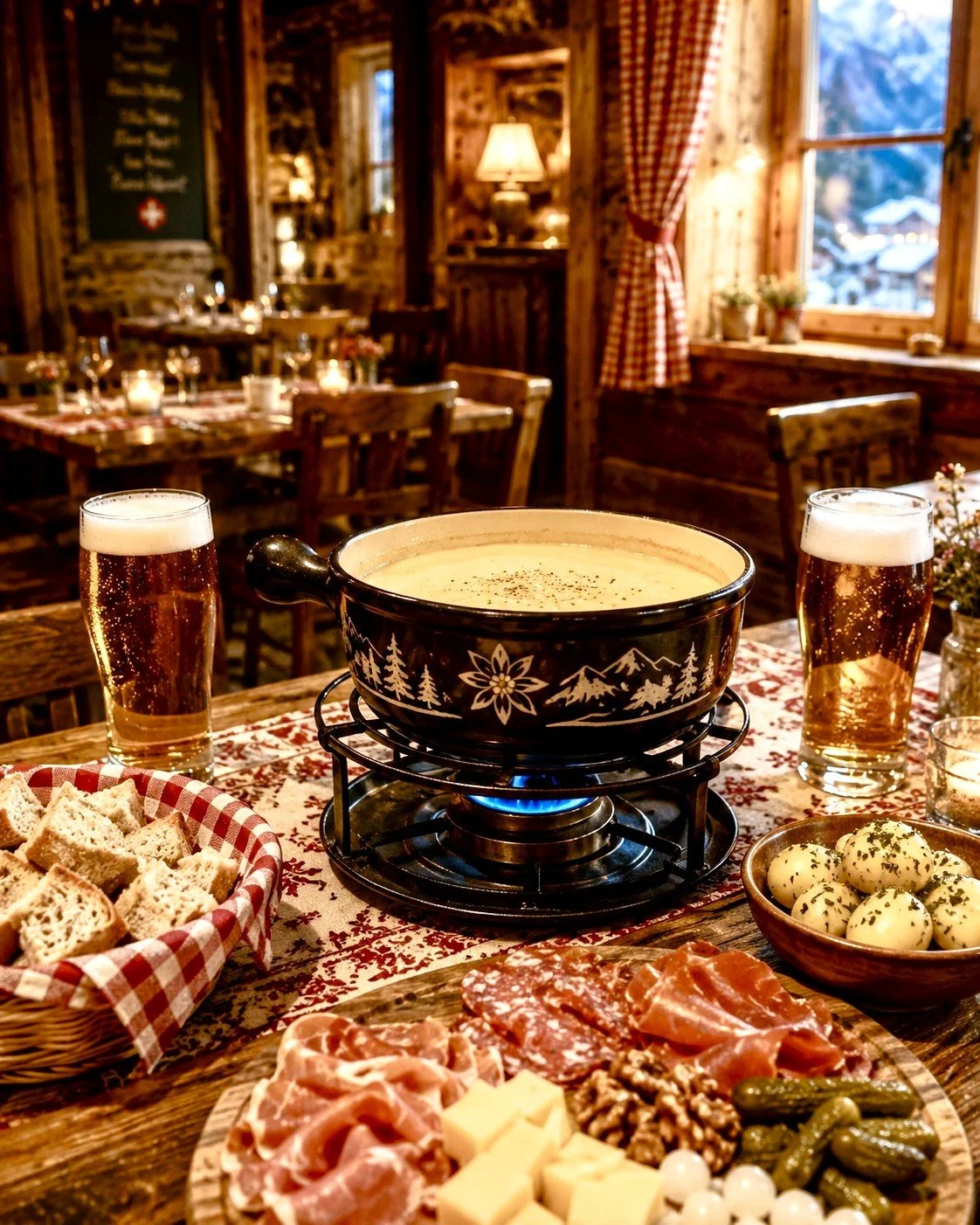 Inside a cozy, rustic restaurant with wood-paneled walls and red checkered curtains, a table is set with cheese, meats, pickles, bread, and two glasses of beer. A pot of cheese fondue is on a small burner in the center of the table, creating a warm, inviting atmosphere.
