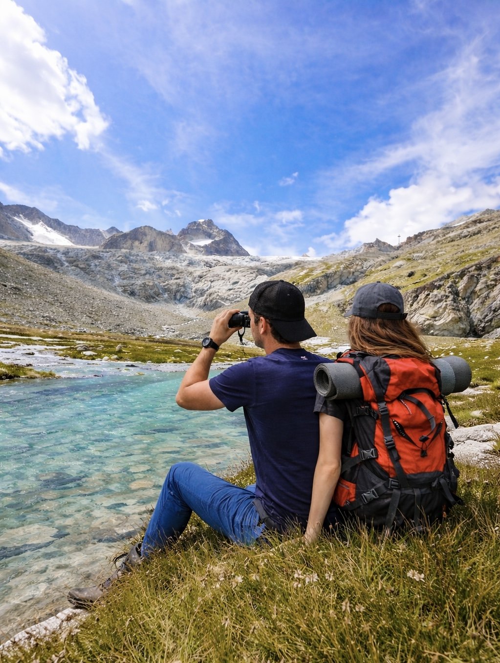 Two hikers, a man and a woman, sitting on grass by a mountain lake, with the man using binoculars to view the distant mountains. Five-lakes hike, Zermatt.