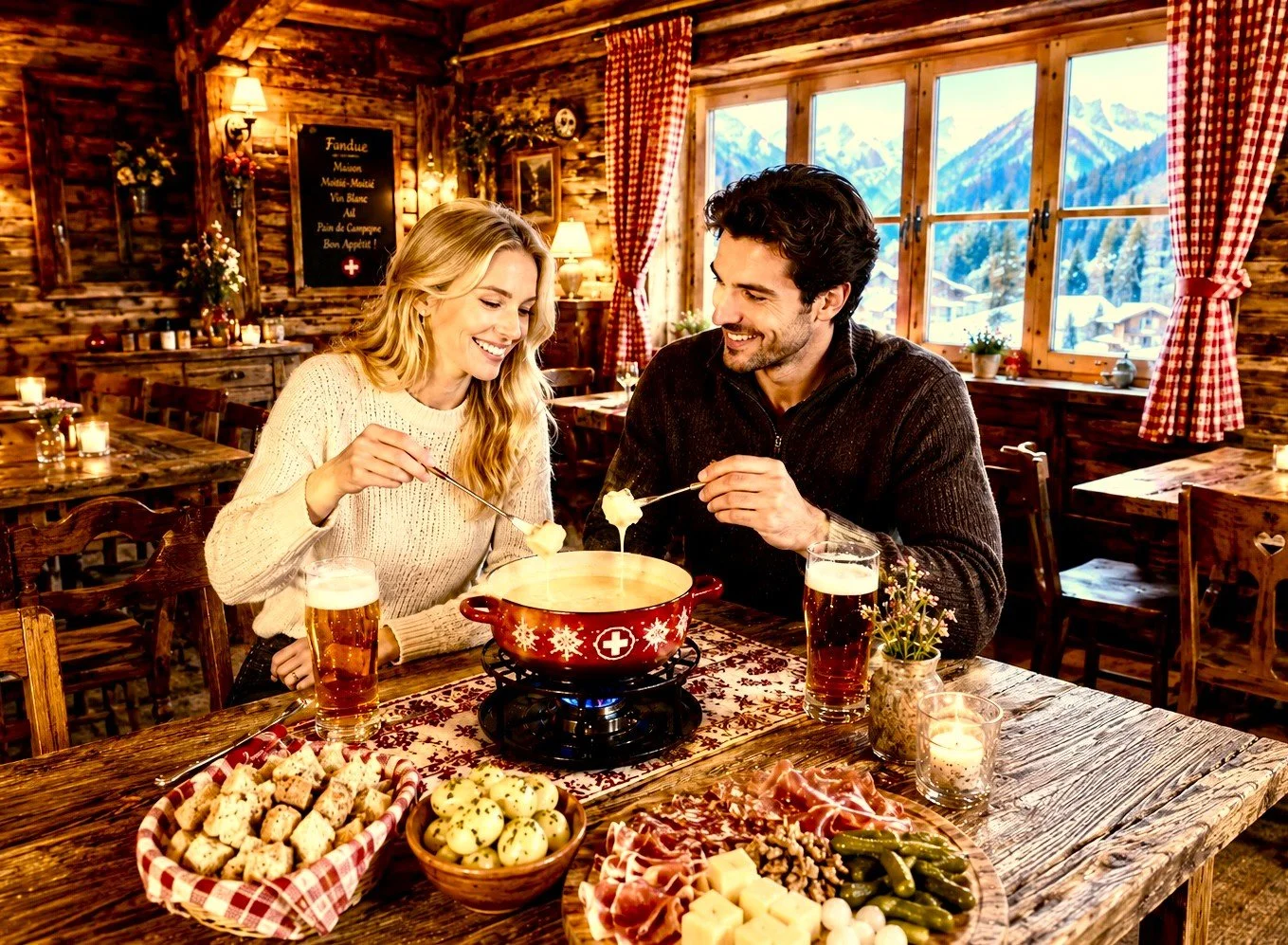 A man and woman enjoying fondue in a cozy rustic cabin with mountain views, surrounded by snacks and drinks in Zermatt.