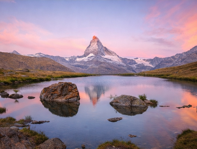 A mountain with a snow-covered peak reflected in a calm lake surrounded by grassy terrain and rocks during sunrise or sunset. Five-lakes hike, Zermatt.