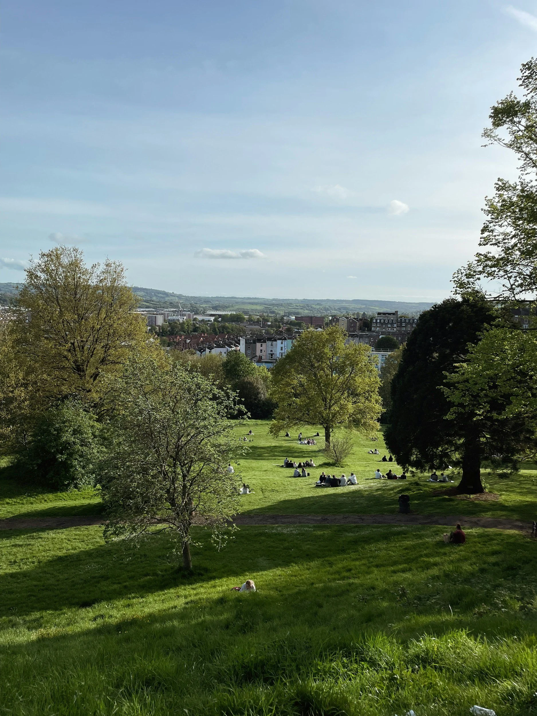 A park filled with people enjoying the outdoor space on a sunny day, with trees, grass, and a cityscape in the background.