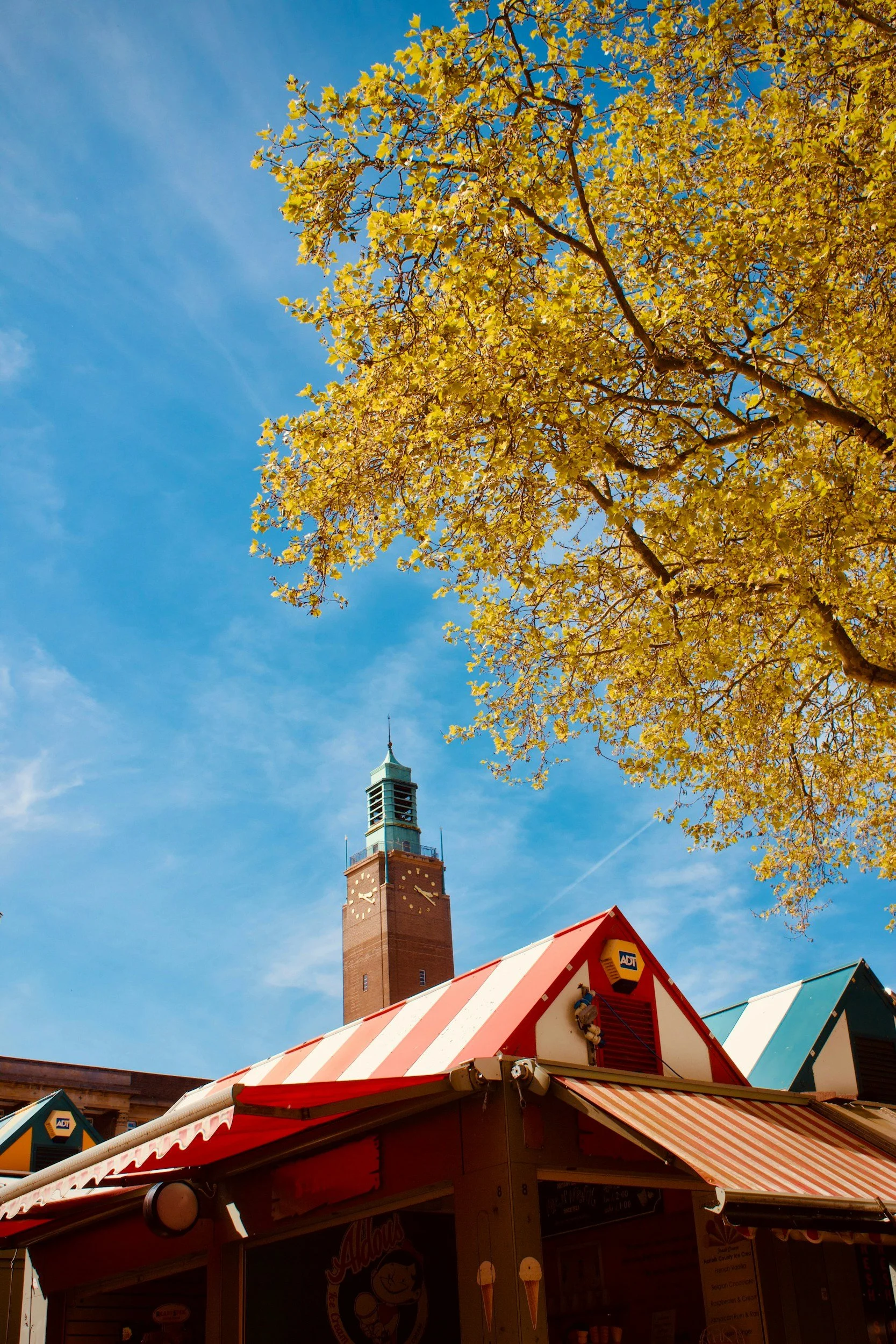View of a clock tower with a blue sky and a large tree with yellow leaves in the foreground. There are market stalls with red and white striped awnings at the bottom.