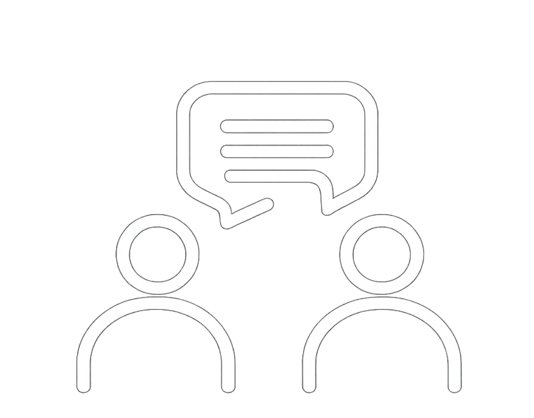 Icon depicting a chatbot or messaging app with a speech bubble, and people icons below it, representing communication or customer service.