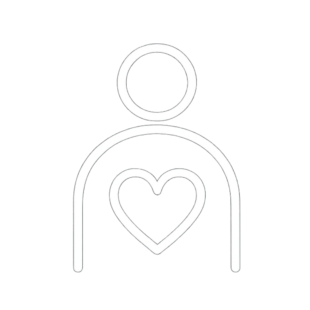 Outline of a figure with a heart at the center and a small circle above the head.