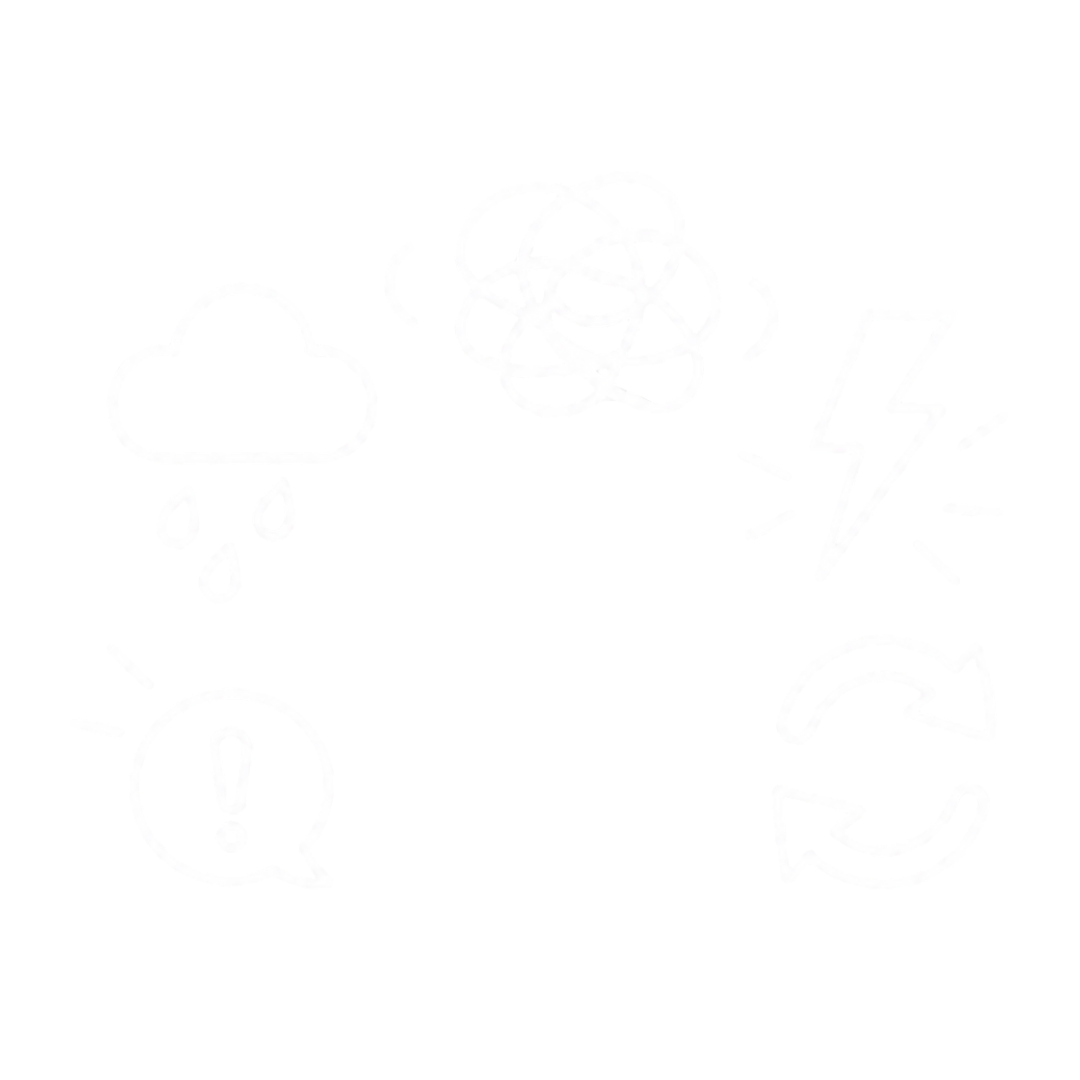 Line drawing of a person surrounded by various icons representing weather, confusion, lightning, and change or rotation.
