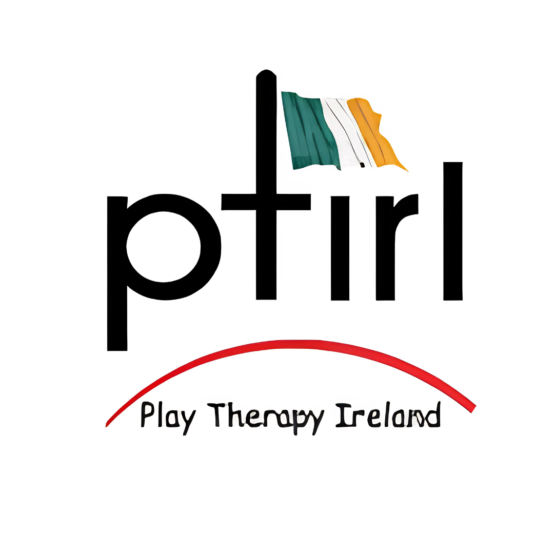 Logo for Play Therapy Ireland featuring the word 'pftirl' with an Irish flag above and the text 'Play Therapy Ireland' below a curved red line.