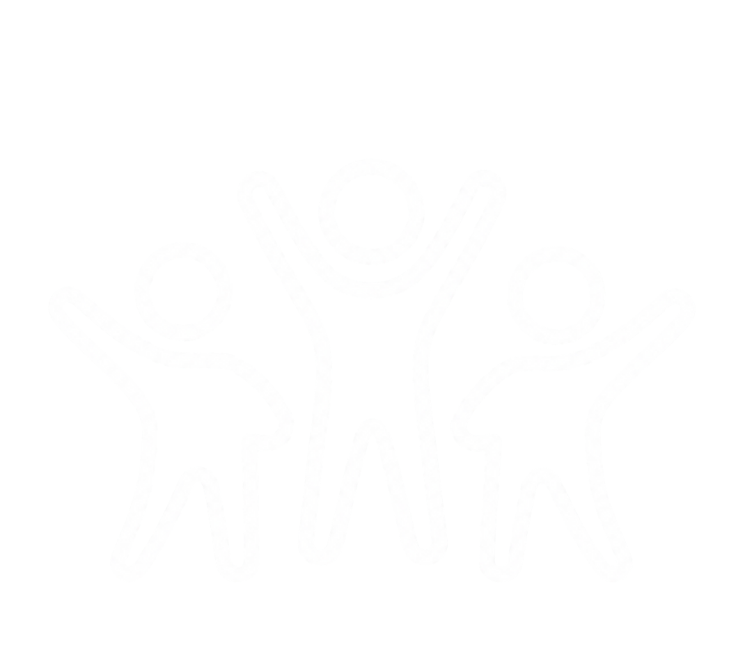 Line art illustration of three human figures with arms raised, celebrating or dancing, on a black background.