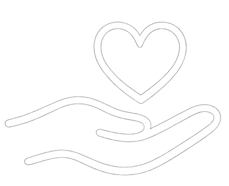 A neon-style sign depicting a hand holding a heart with a smaller heart inside it.