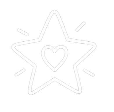 Neon sign of a star with a heart in the center and small decorative lines around it.
