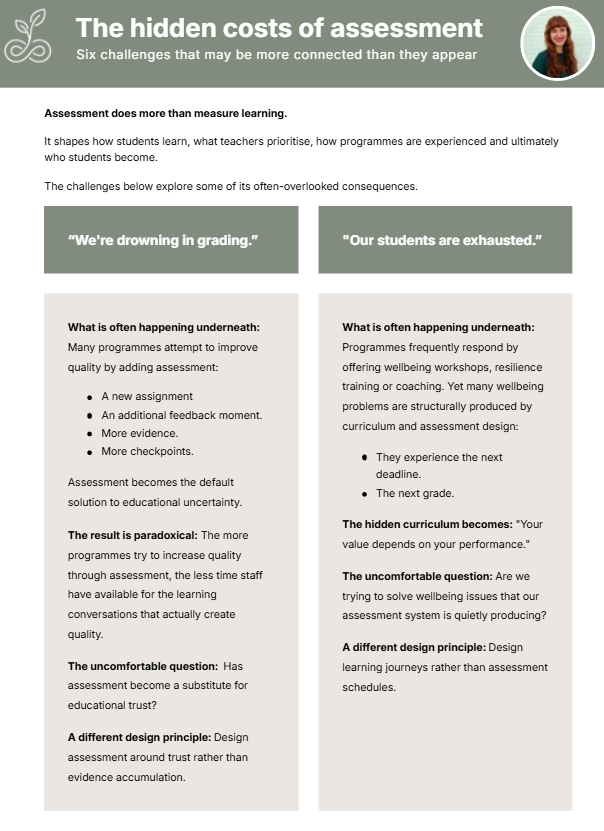 An infographic titled 'The hidden costs of assessment' discussing six interconnected challenges in education assessment, including quotes and explanations about grading, workload, curriculum, and design principles.