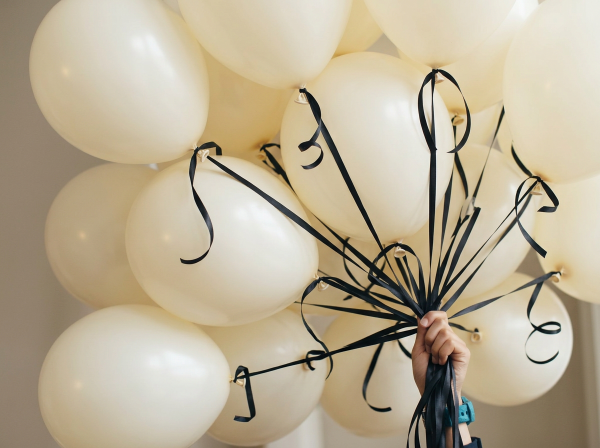 A bunch of white balloons with black ribbon strings being held by a person.