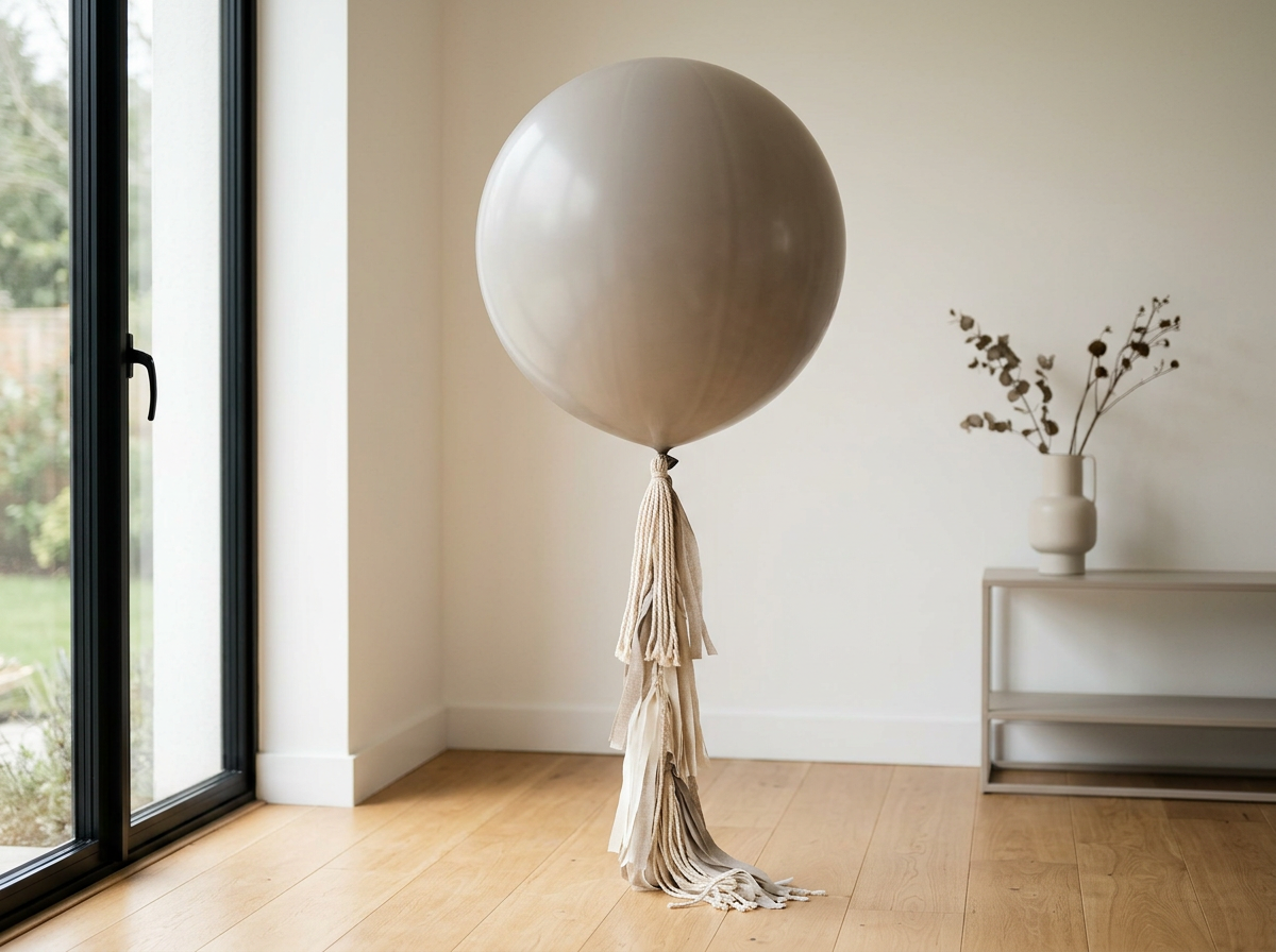 A large beige balloon with fabric tassels hanging from its knot, placed indoors near a window with a view of greenery, and a white shelf with a vase containing dried branches.