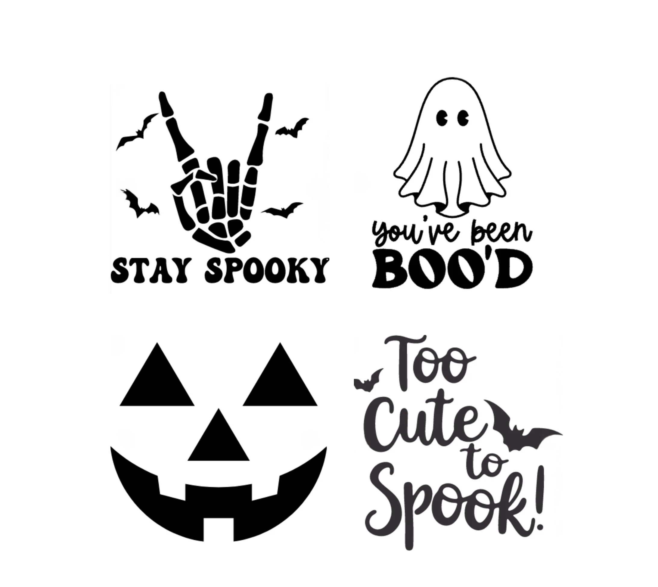 A black and white Halloween-themed illustration featuring a spider web with bats, a skeleton hand making a rock and roll gesture, a happy pumpkin, and a cute ghost with big eyes. The image contains playful messages like "Stay Spooky" and "You've Been Boo'd".