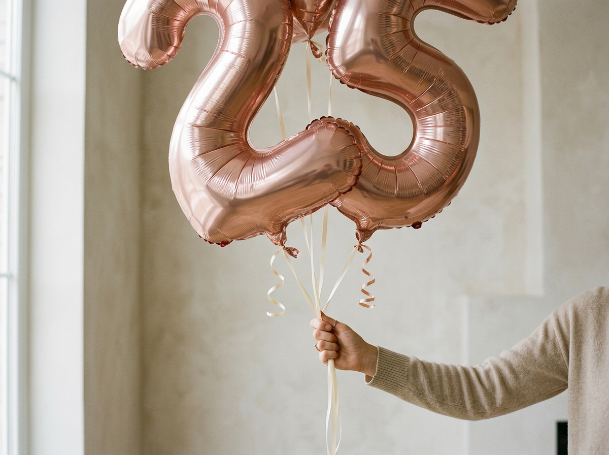 Person holding three pink metallic balloons shaped like the number 23 in a room with beige walls and a window.
