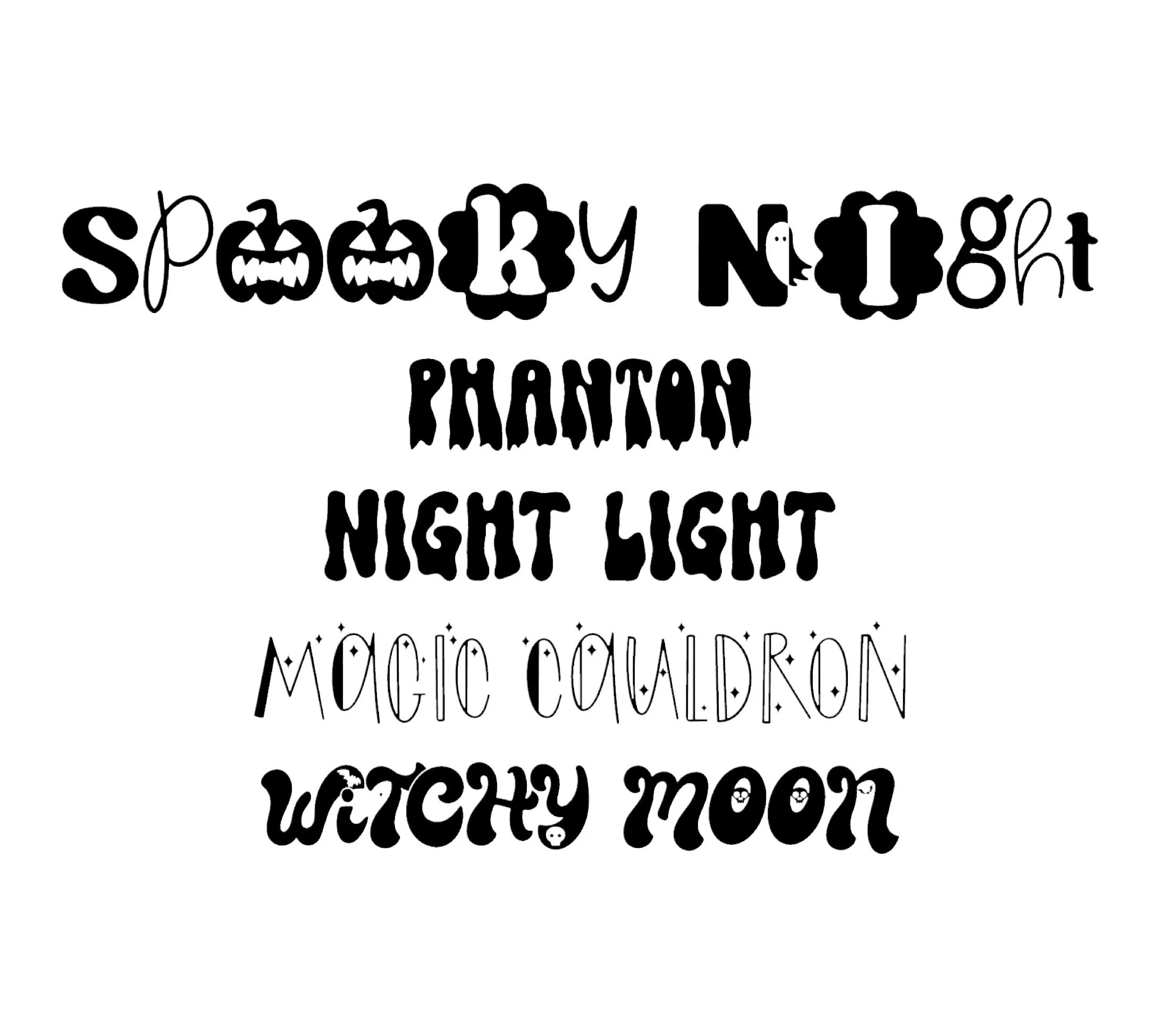 Decorative Halloween text reading "Spooky Night" with pumpkin faces and spooky font styles.