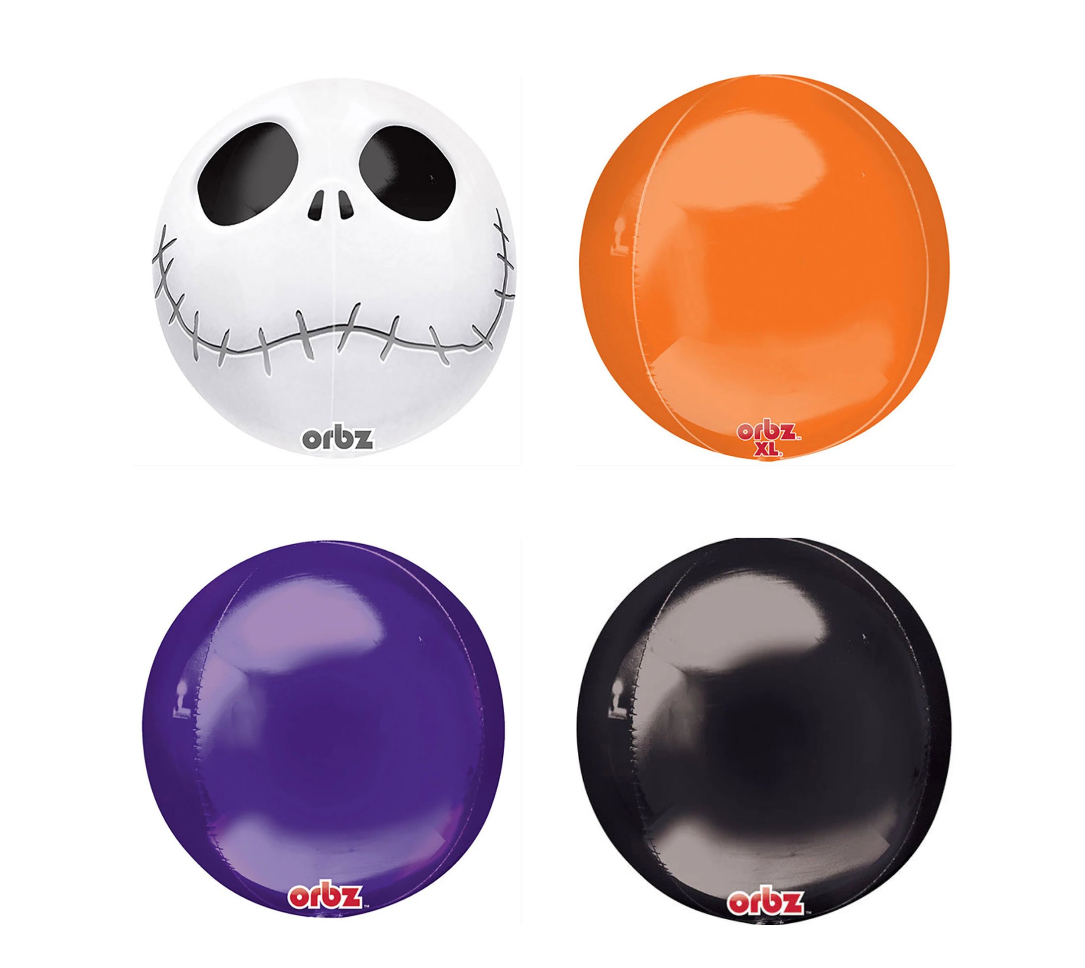 Four Halloween-themed plastic skull and pumpkin buckets, two with skull designs in black and white, and two with pumpkin designs in purple and black, each branded with Orbz logos.