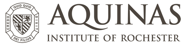 The Aquinas Institute of Rochester logo, featuring a shield with an open book and religious symbols, and the institute's name in bold letters.