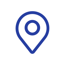 A blue map pin icon on a black background.
