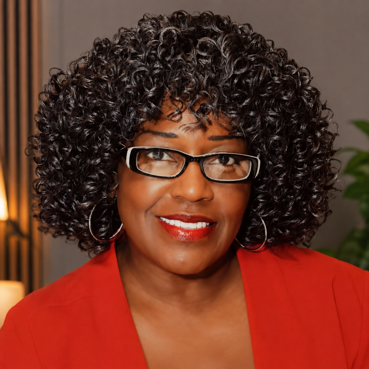 A woman with a curly hairstyle and glasses, wearing a red blazer, smiling in an indoor setting with a blurred background including a lamp and plant.