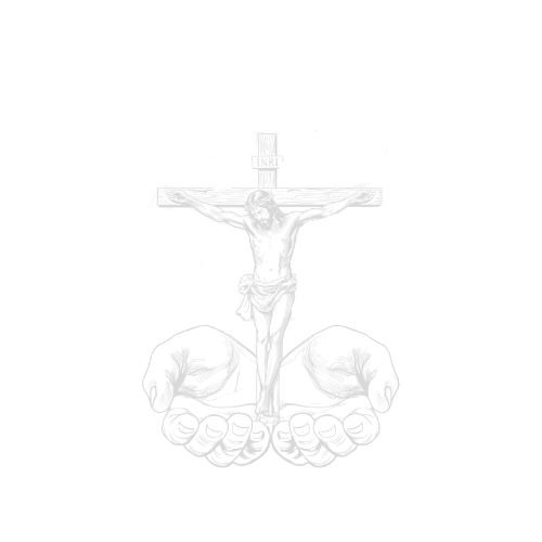 A drawing of Jesus Christ crucified on a cross, supported by two open hands, with a dark background.