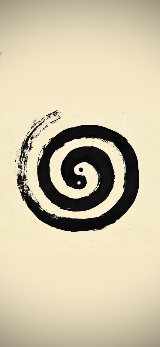A black spiral brushstroke on a beige background, beginning thin at the outer edge and thickening as it spirals inward.