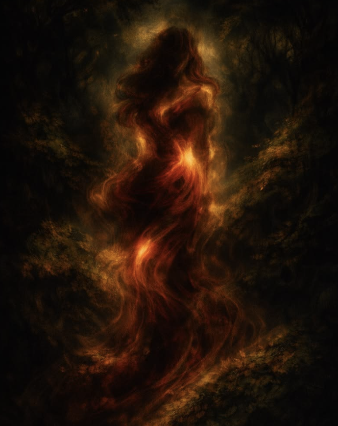 Abstract digital art of a fiery, swirling figure resembling a woman, set against a dark background with hints of gold and orange.