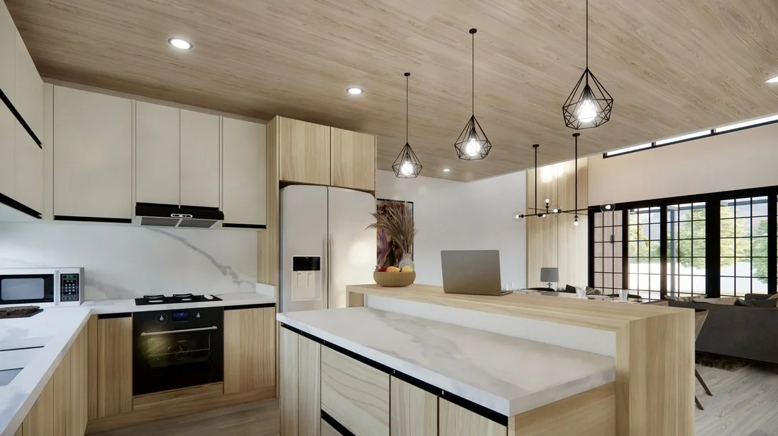 Modern kitchen with white and light wood cabinetry, a white marble countertop island, black pendant lights, and large windows with black framing, overlooking an outdoor area.