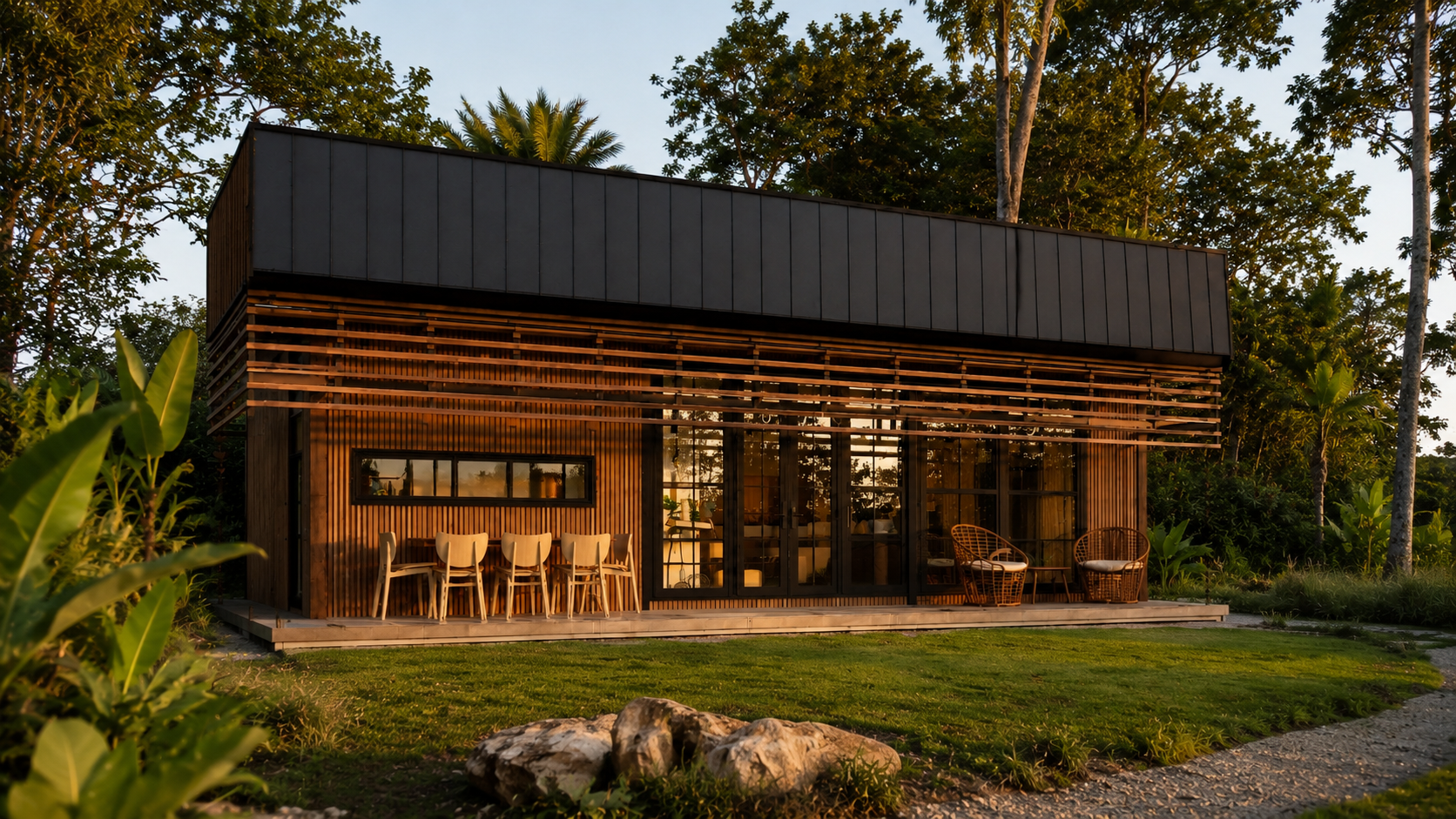 Modern two-story house with black exterior, wooden slats, large glass windows, outdoor dining table, and lounging chairs, surrounded by lush greenery and trees at sunset.