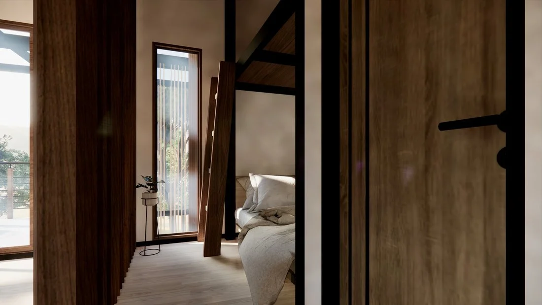 Interior view of a bedroom with wooden panels, a bed with white bedding, and tall windows with vertical blinds.