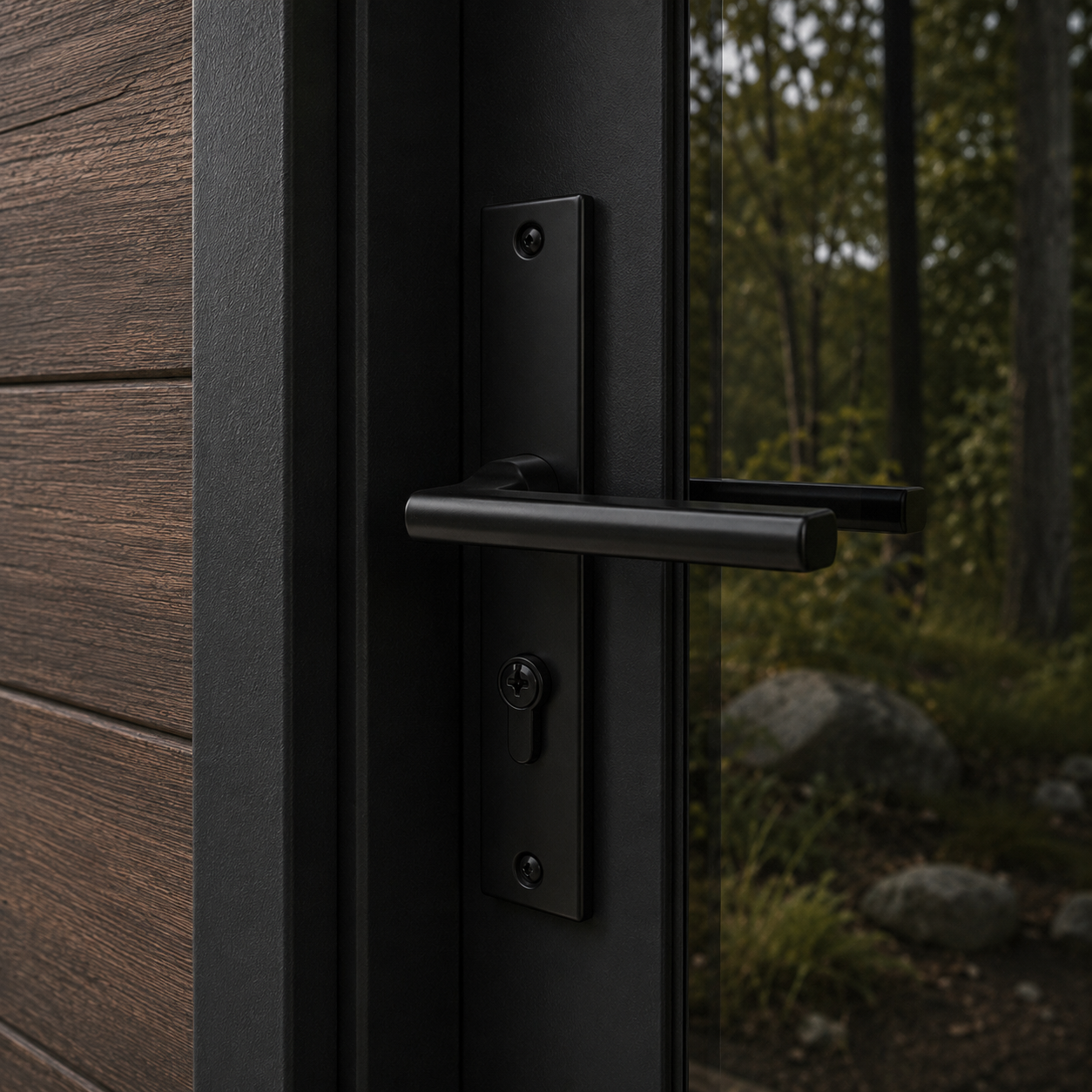 Close-up of a black metal door handle and lock on a glass door framed by brown wooden siding and a black metal frame, with a background of trees and rocks outside.