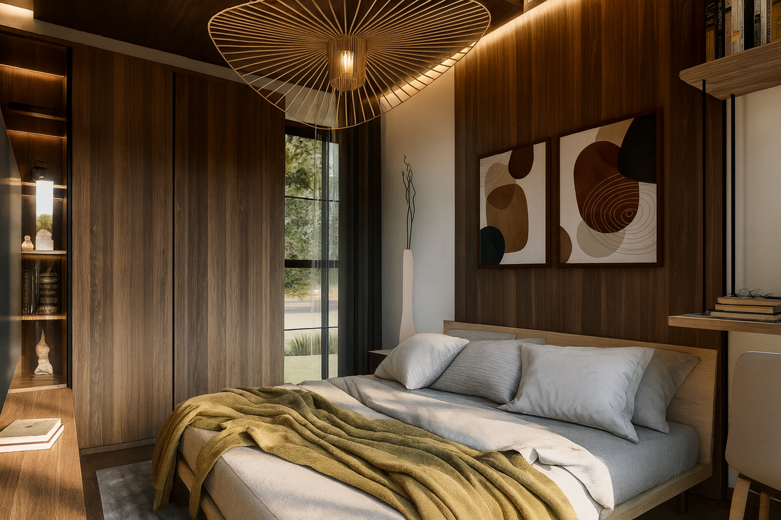 A modern bedroom with a wooden accent wall, a cozy bed with white and gray pillows and a yellow blanket, abstract artwork on the wall, a tall white floor vase with a stick plant, built-in shelves with books, a large window with black curtains, and a unique circular ceiling light.