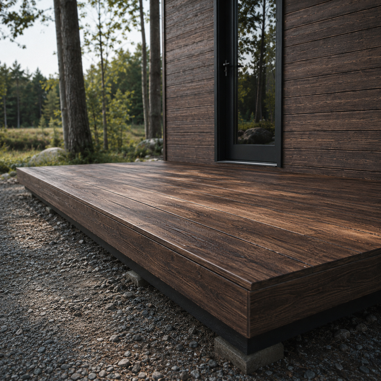 Wooden deck outside a modern house with dark window frames, surrounded by trees and outdoor nature.