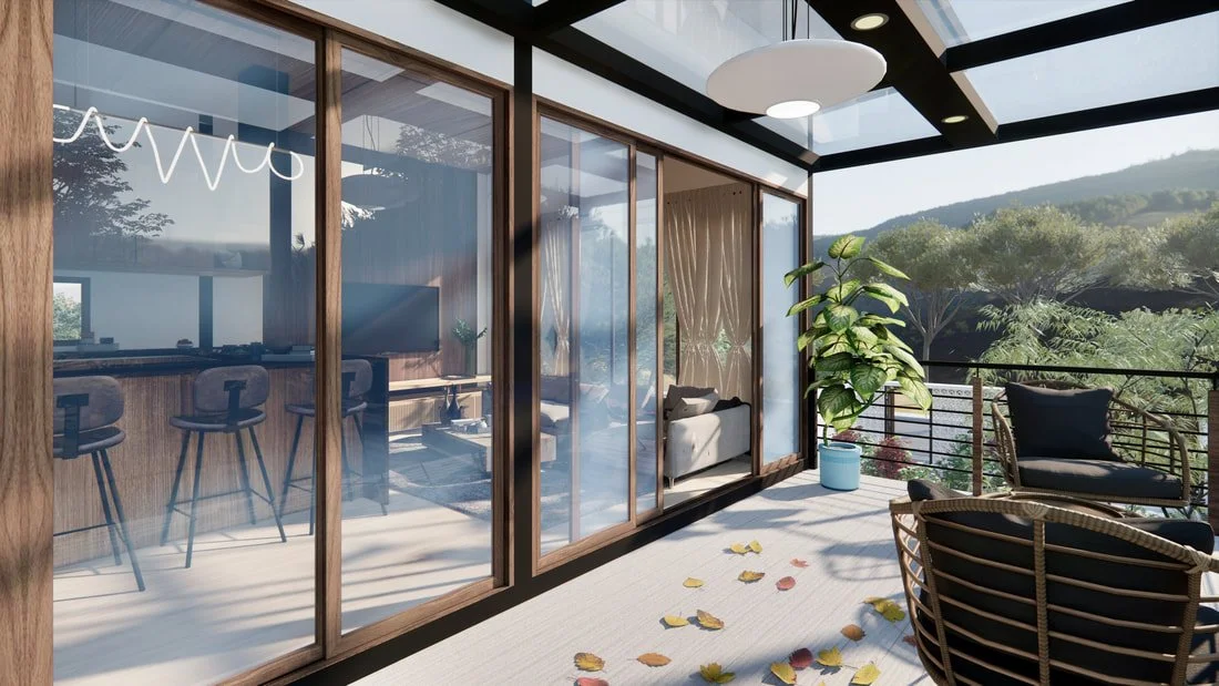 Balcony with outdoor seating, potted plant, and glass sliding doors leading to living room with view of trees and mountains