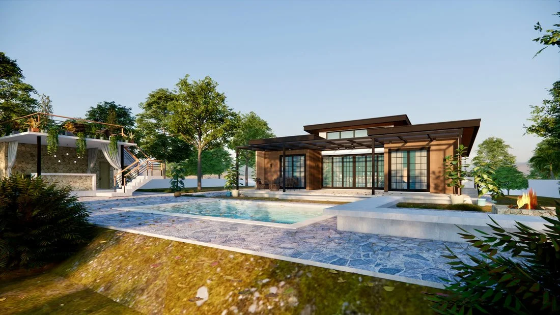 Modern house with large glass windows, outdoor pool, and surrounding greenery in a yard.